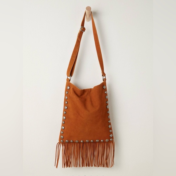Free People Catilina Crossbody Bag Fringe Studs Adjustable Strap Caramel - Picture 3 of 9